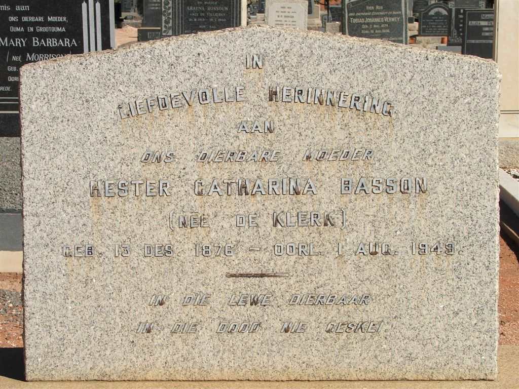 BASSON Hester Catharina nee DE KLERK 1876-1949