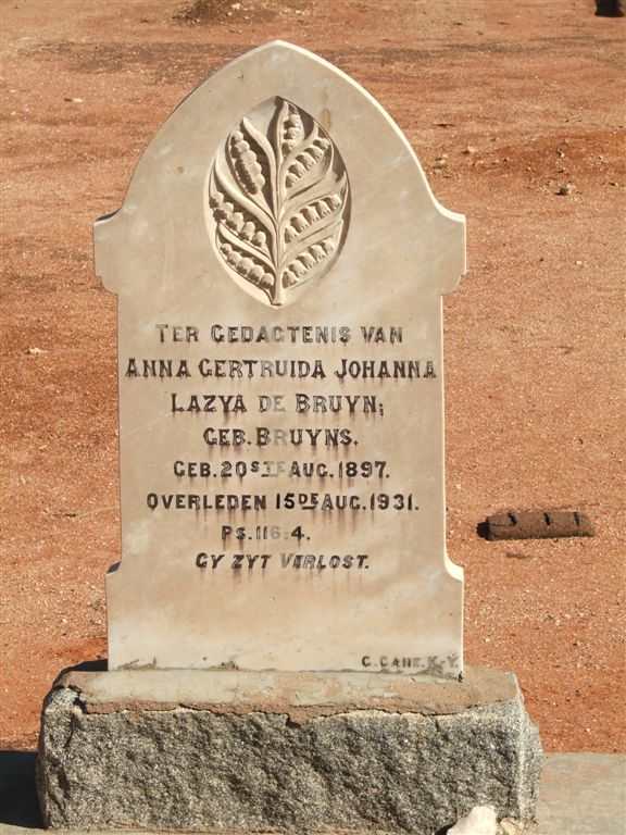 BRUYN Anna Gertruida Johanna Lazya, de nee BRUYNS 1897-1931