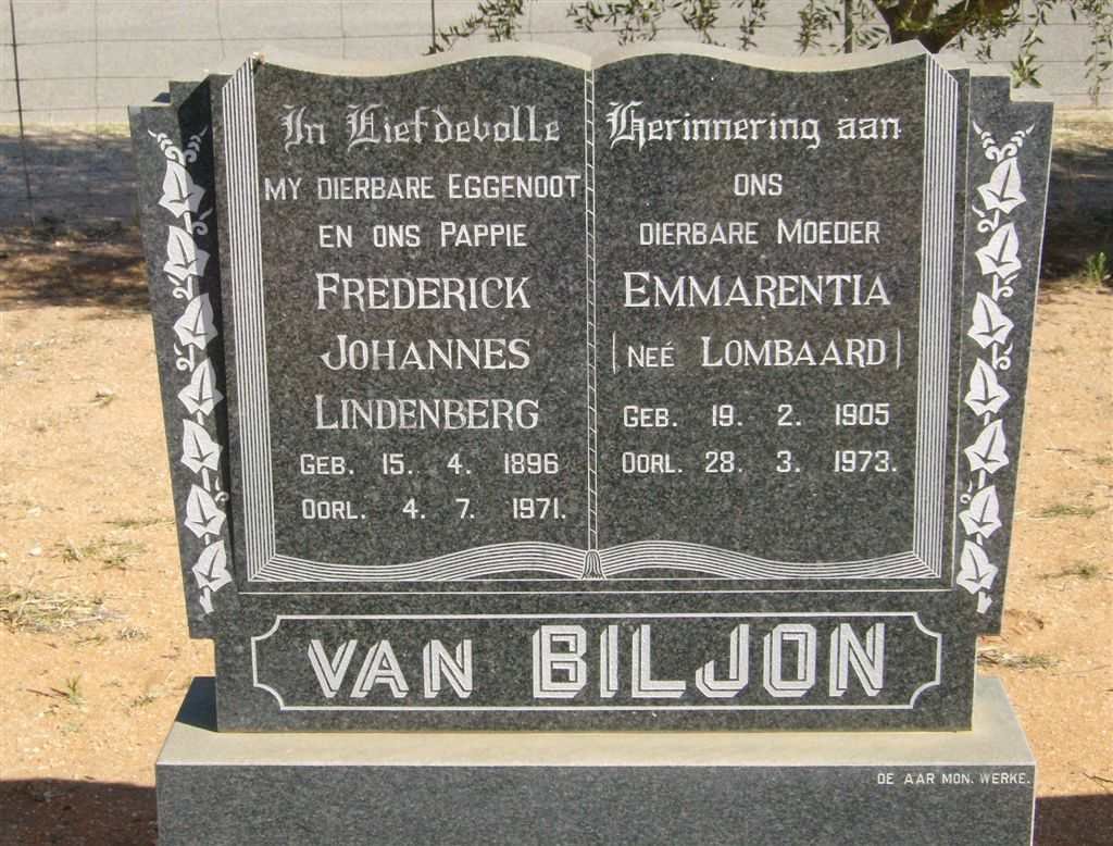 BILJON Frederick Johannes Lindenberg, van 1896-1971 &amp; Emmarentia LOMBAARD 1905-1973