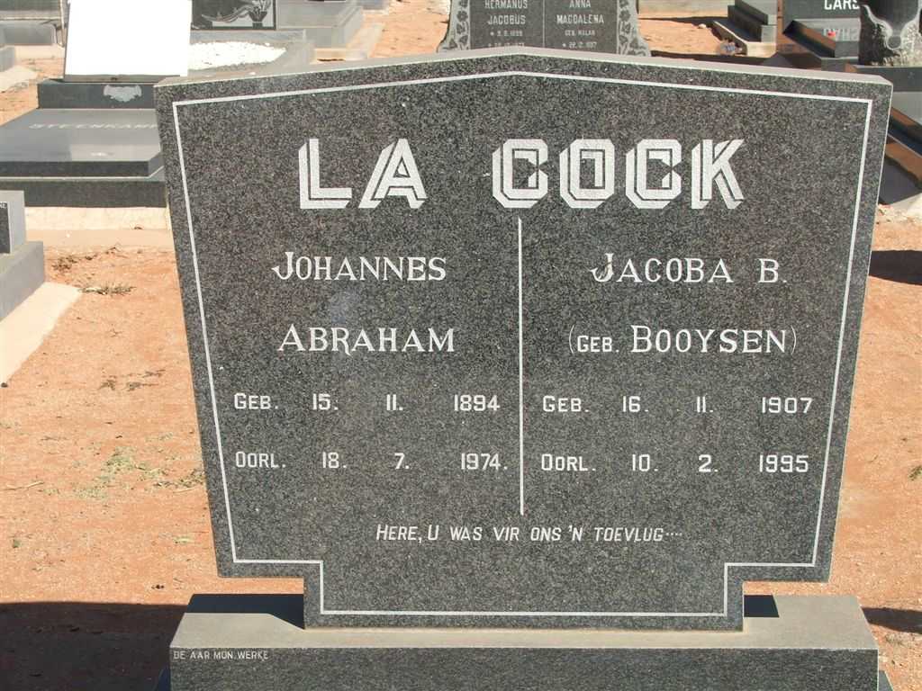 COCK Johannes Abraham, la 1894-1974 &amp; Jacoba B. BOOYSEN 1907-1995