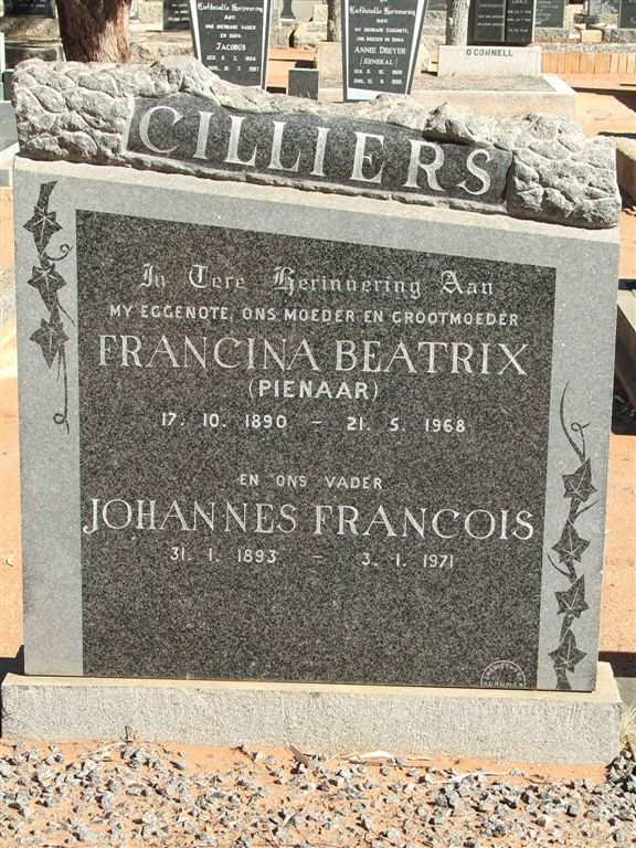 CILLIERS Johannes Francois 1893-1971 &amp; Francina Beatrix PIENAAR 1890-1968