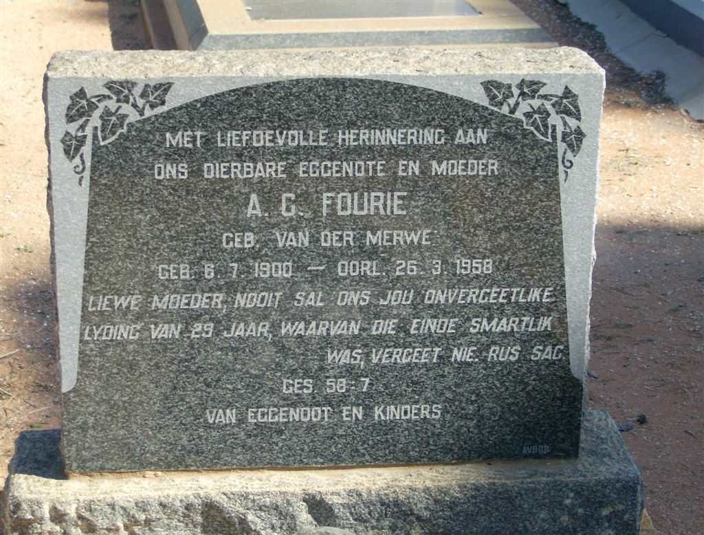 FOURIE A.C. nee VAN DER MERWE 1900-1958