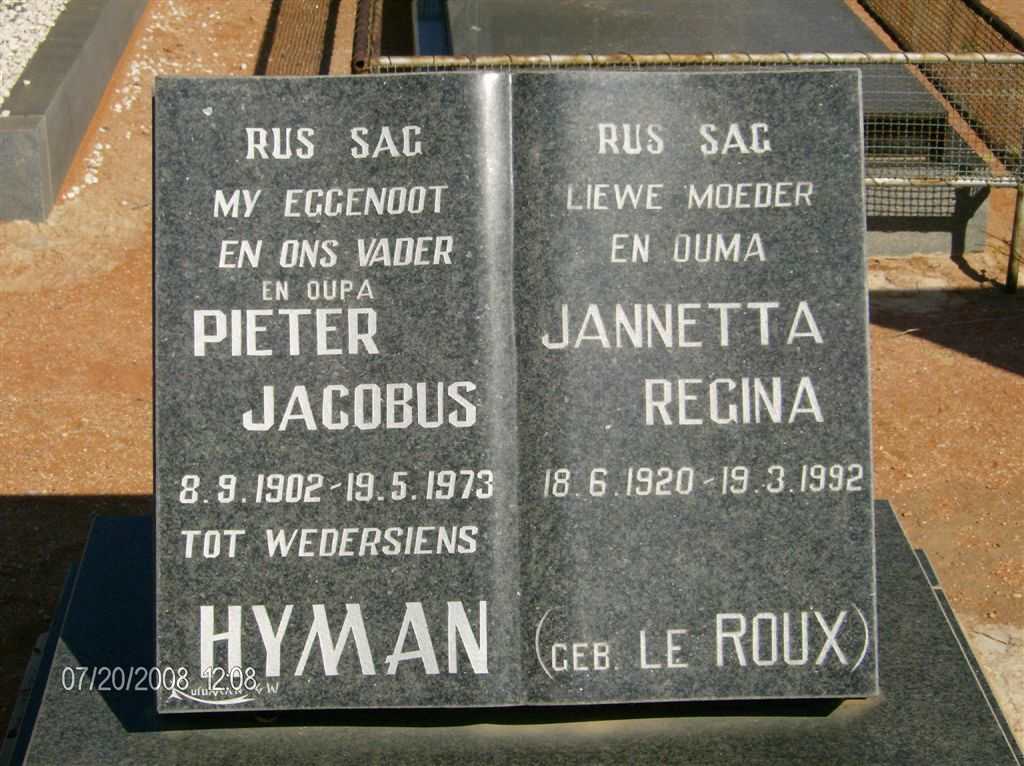 HYMAN Pieter Jacobus 1902-1973 &amp; Jannetta Regina LE ROUX 1920-1992