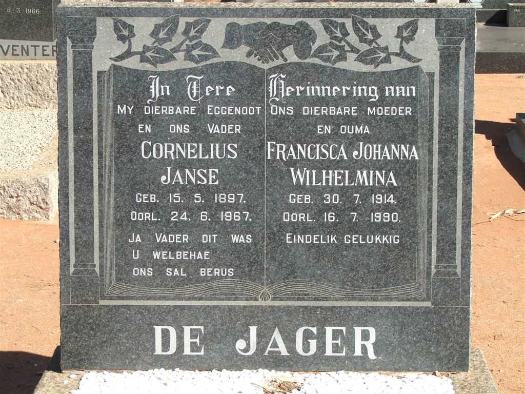 JAGER Cornelius Janse, de 1897-1967 &amp; Francisca Johanna Wilhelmina 1914-1990