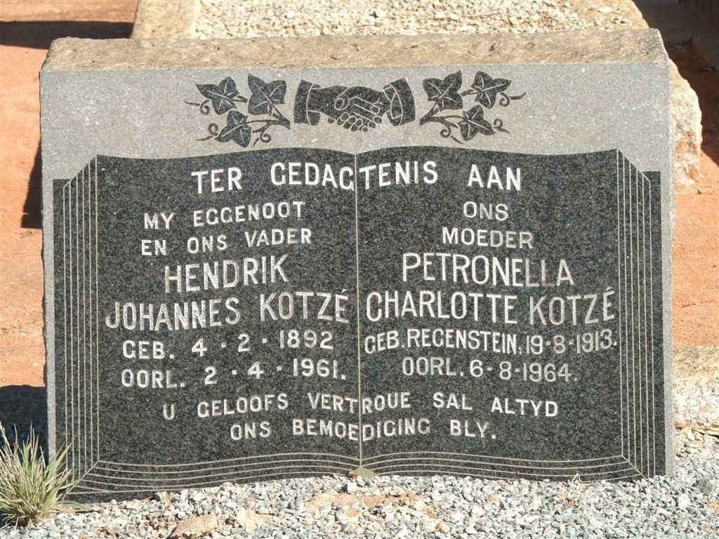 KOTZÉ Hendrik Johannes 1892-1961 &amp; Petronella Charlotte REGENSTEIN 1913-1964