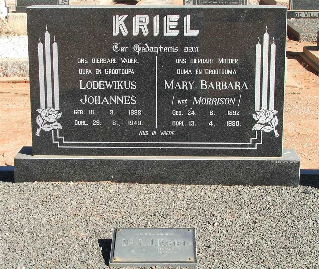 KRIEL Lodewikus Johannes 1888-1949 &amp; Mary Barbara MORRISSON 1892-1980 :: KRIEL L.J. 1919-1985