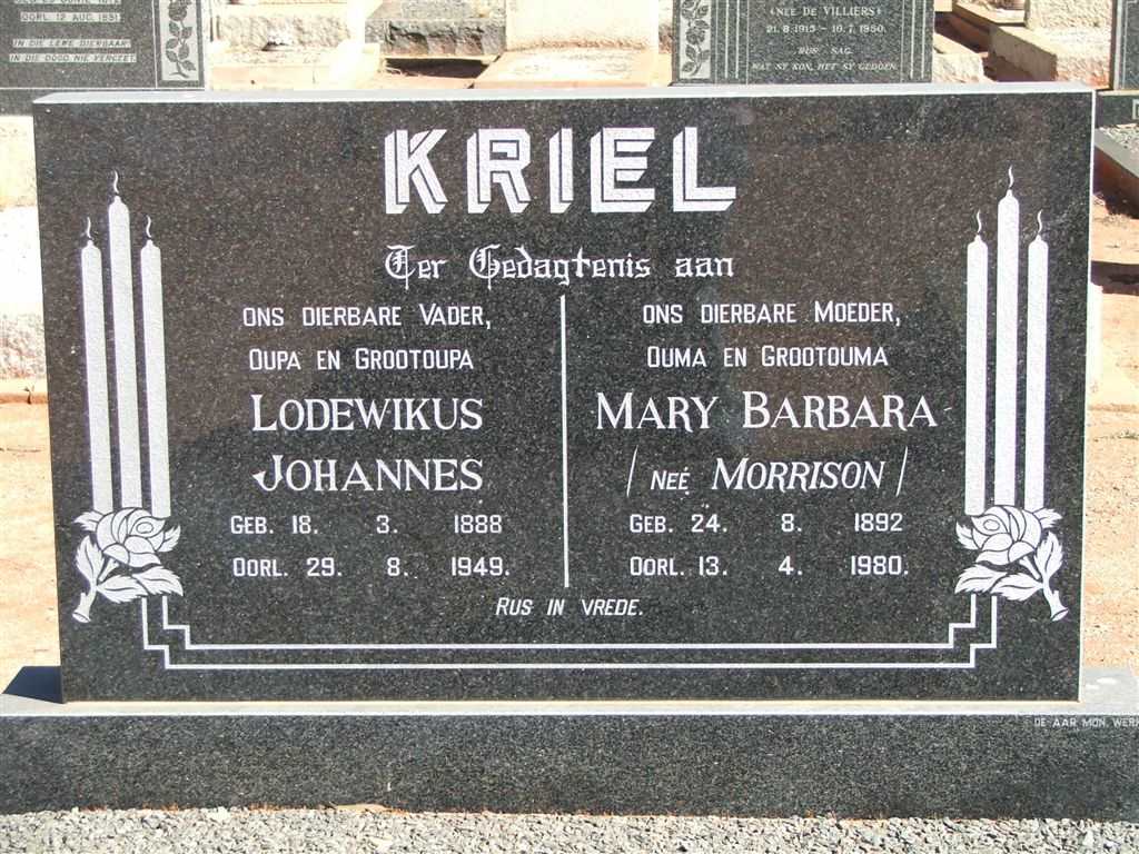 KRIEL Lodewikus Johannes 1888-1949 &amp; Mary Barbara MORRISSON 1892-1980