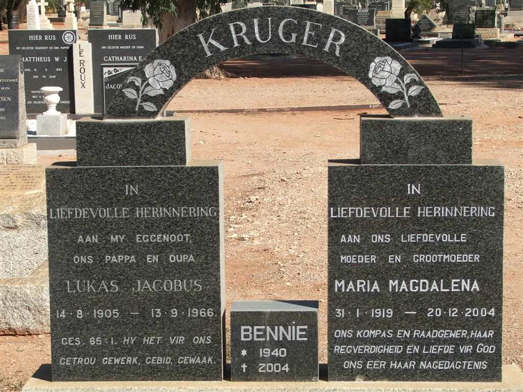 KRUGER Lukas Jacobus 1905-1966 &amp; Maria Magdalena 1919-2004 :: KRUGER Bennie 1940-2004