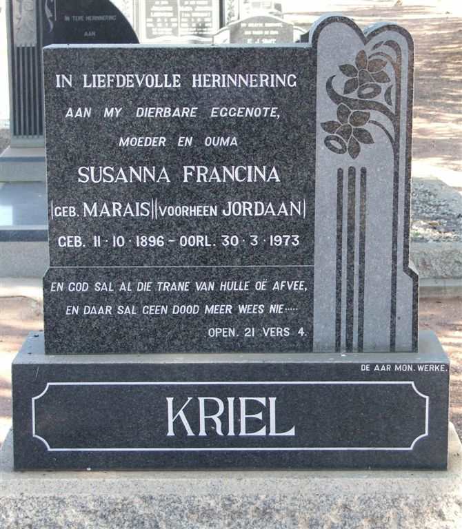 KRIEL Susanna Francina formerly JORDAAN nee MARAIS 1896-1973
