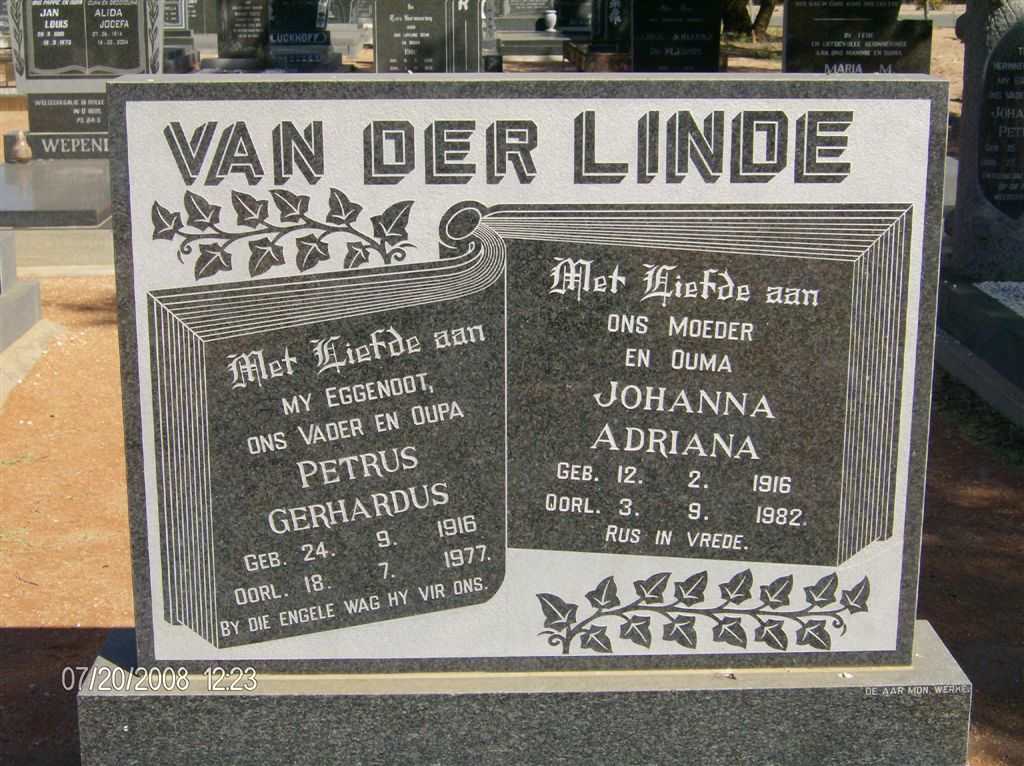 LINDE Petrus Gerhardus, van der 1916-1977 &amp; Johanna Adriana 1916-1982