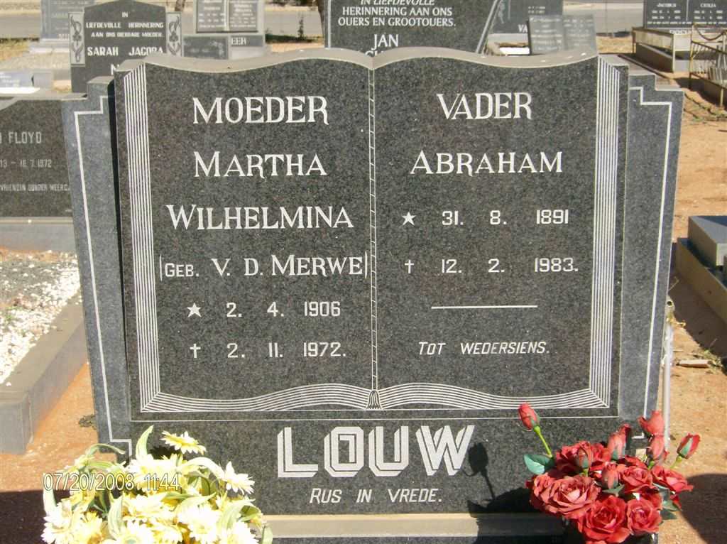 LOUW Abraham 1891-1983 &amp; Martha Wilhelmina V.D. MERWE 1906-1972