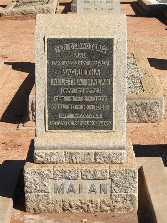 MALAN Magrietha Alletha nee CLOETE 1877-1950