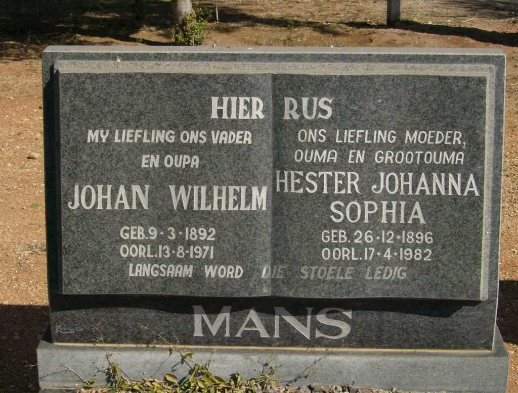 MANS Johan Wilhelm 1892-1971 &amp; Hester Johanna Sophia 1896-1982