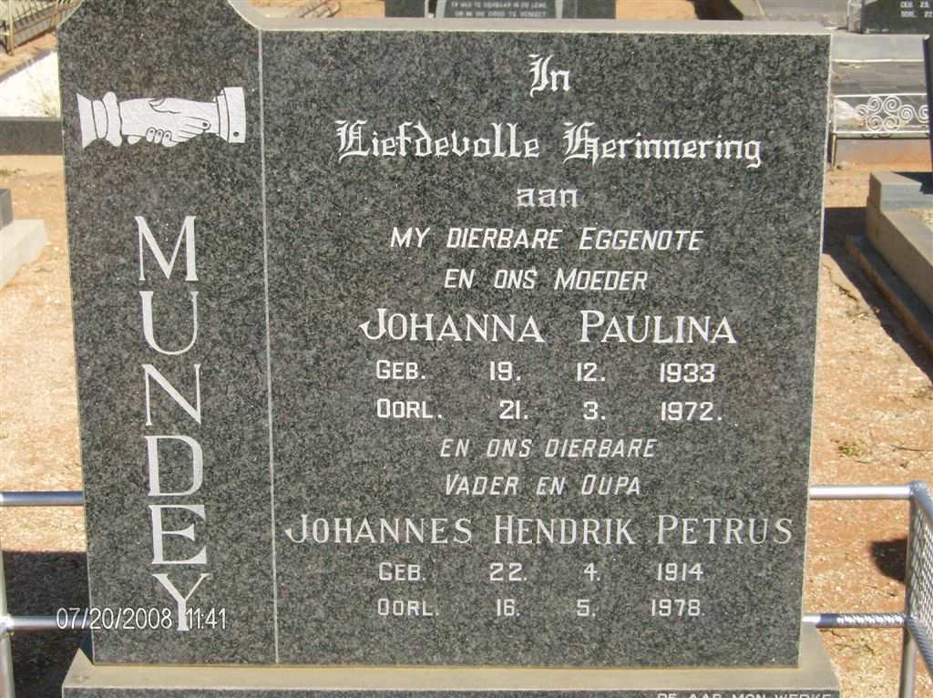 MUNDEY Johannes Hendrik Petrus 1914-1978 &amp; Johanna Paulina 1933-1972