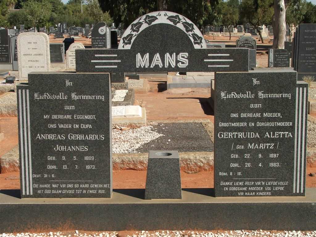 MANS Andreas Gerhardus Johannes 1889-1973 &amp; Gertruida Aletta MARITZ 1897-1983