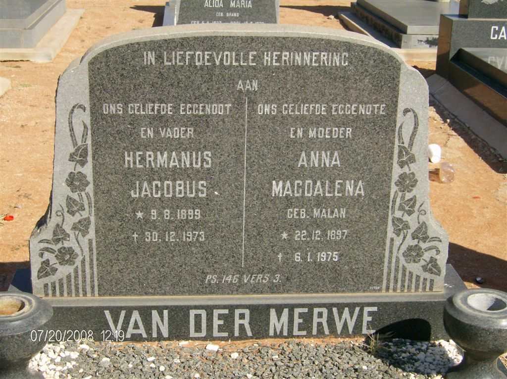 MERWE Hermanus Jacobus, van der 1899-1973 &amp; Anna Magdalena MALAN 1897-1975