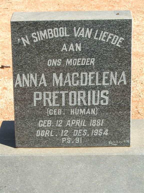 PRETORIUS Anna Magdelena nee HUMAN 1881-1954
