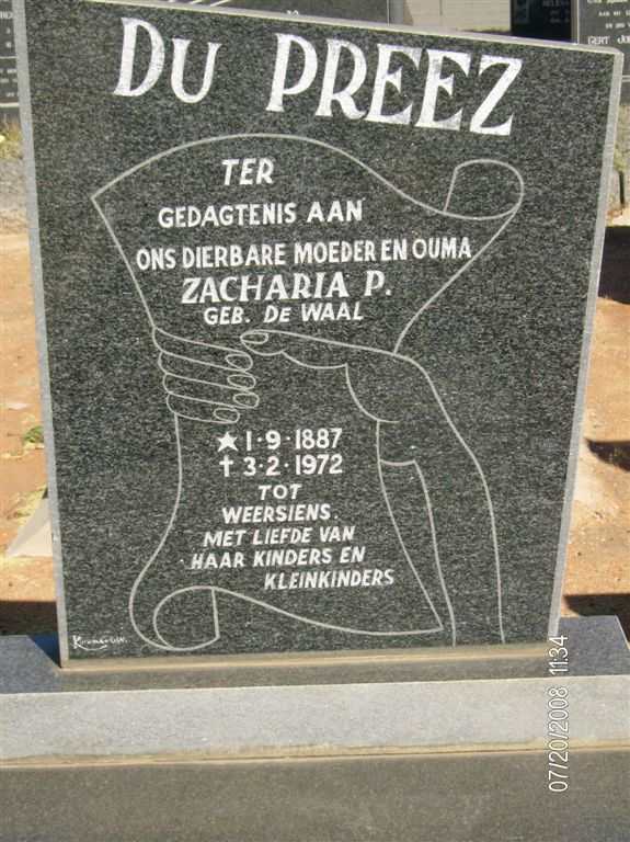 PREEZ Zacharia P., du nee DE WAAL 1887-1972