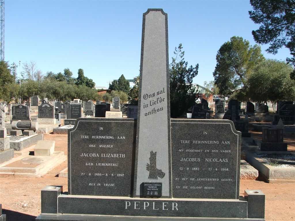 PEPLER Jacobus Nicolaas 1887-1968 &amp; Jacoba Elizabeth LIEBENBERG 1895-1982 :: NORTJE Juliana Emelia nee PEPLER 1931-2002
