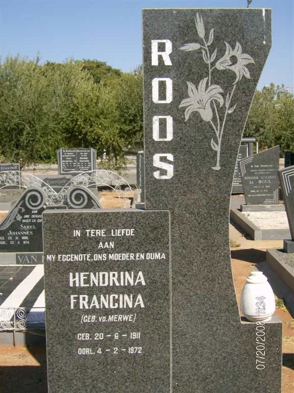 ROOS Hendrina Francina nee V.D. MERWE 1911-1972