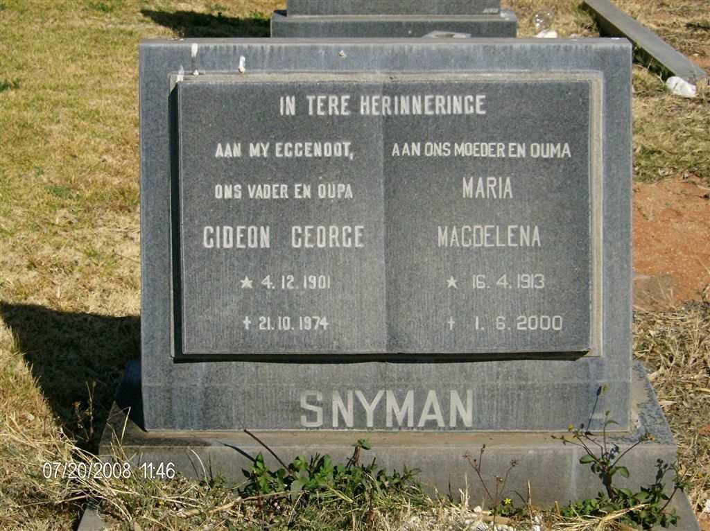 SNYMAN Gideon George 1901-1974 &amp; Maria Magdelena 1913-2000
