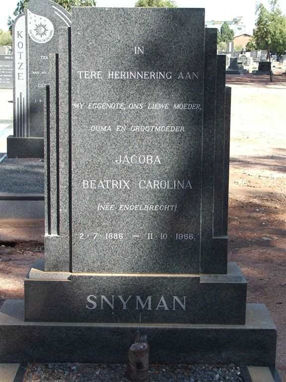 SNYMAN Jacoba  Beatrix Carolina nee ENGELBRECHT 1886-1966