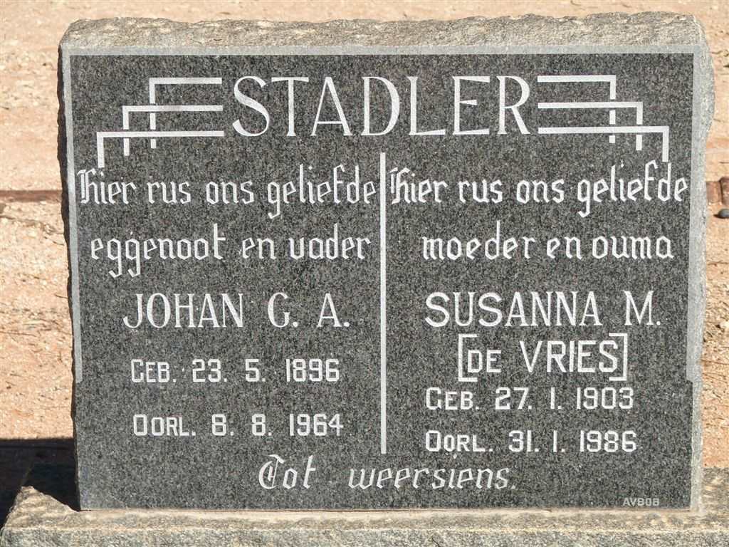 STADLER Johan G.A. 1896-1964 &amp; Susanna M. DE VRIES 1903-1986