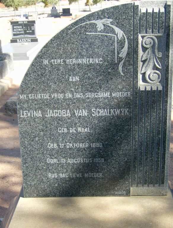 SCHALKWYK Levina Jacoba, van nee DE WAAL 1890-1958