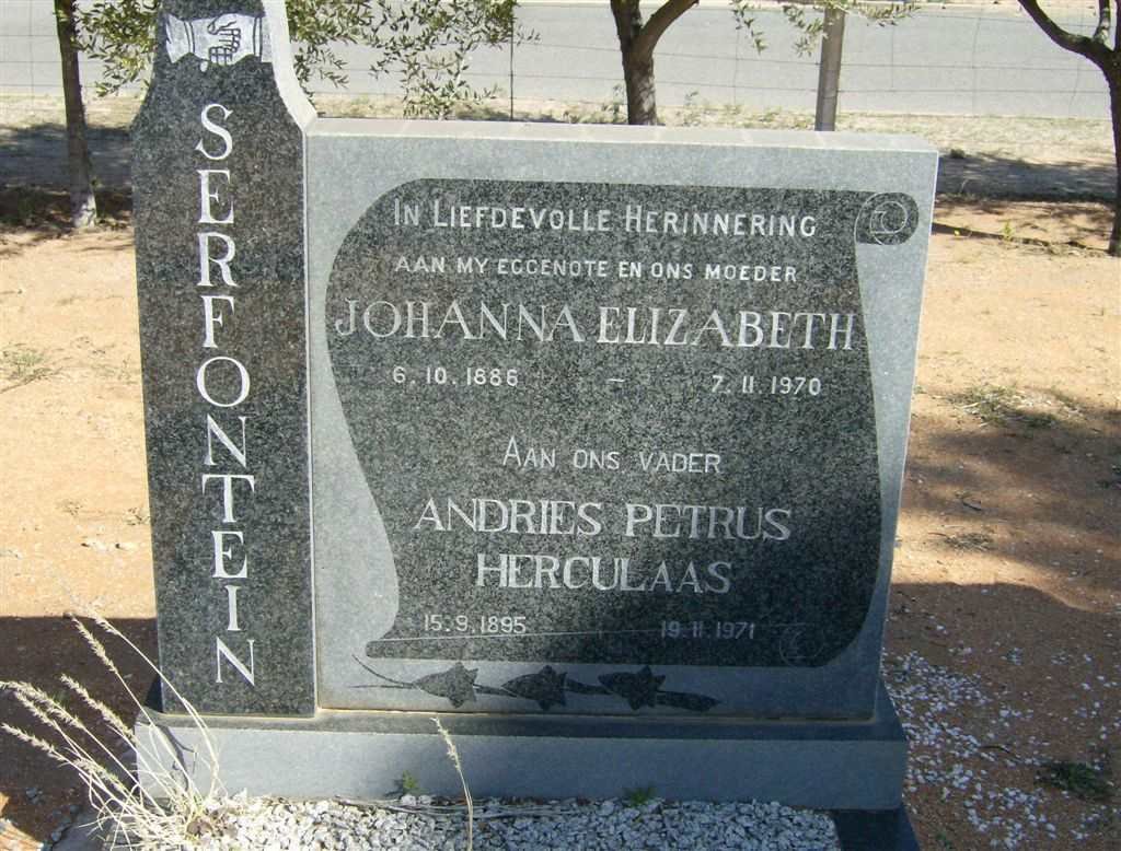 SERFONTEIN Andries Petrus Herculaas 1895-1971 &amp; Johanna Elizabeth 1886-1970