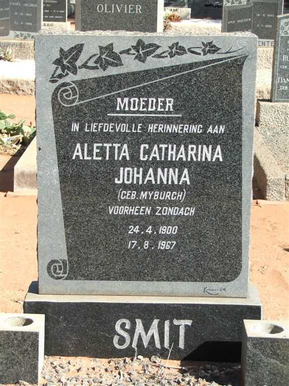SMIT Aletta Catharina Johanna formerley ZONDAGH nee MYBURGH 1900-1967