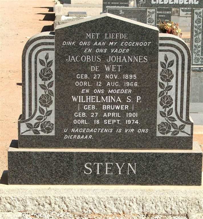 STEYN Jacobus Johannes De Wet 1895-1966 &amp; Wilhelmina S.P. BRUWER 1901-1974