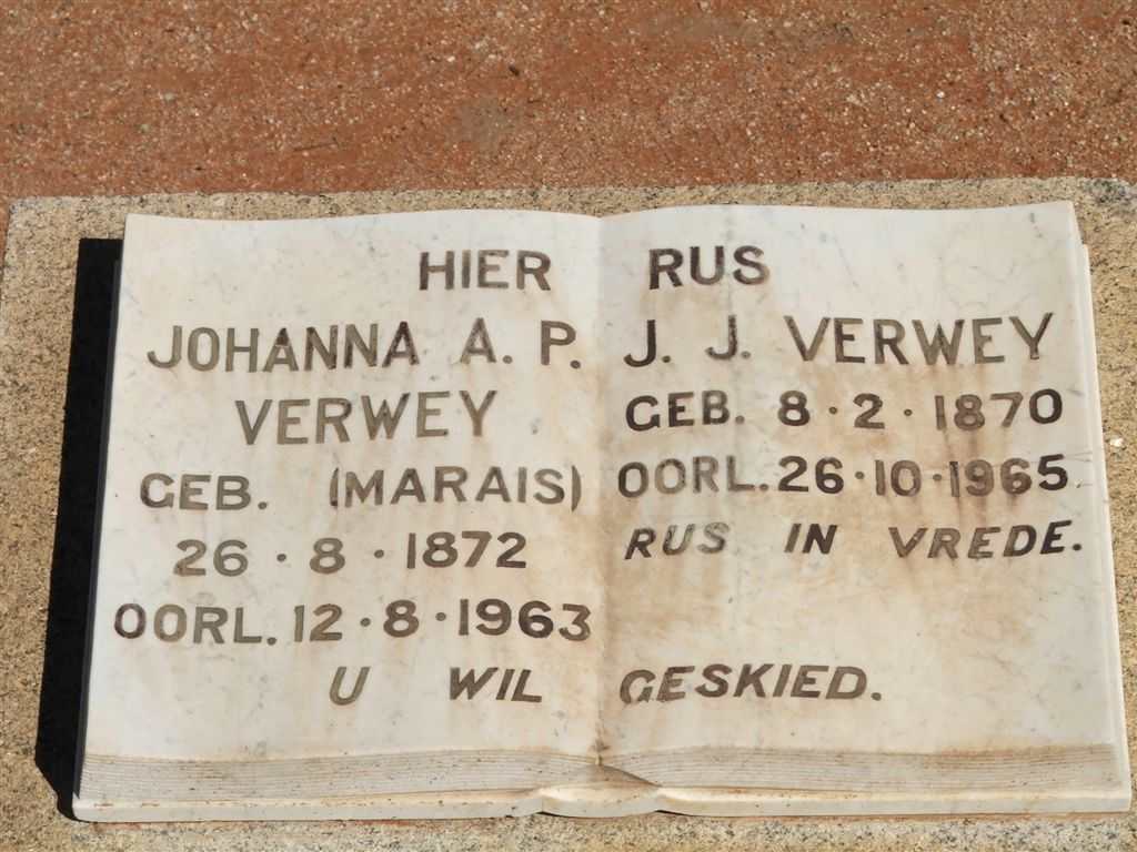 VERWEY J.J. 1870-1965 &amp; Johanna A.P. MARAIS 1872-1963