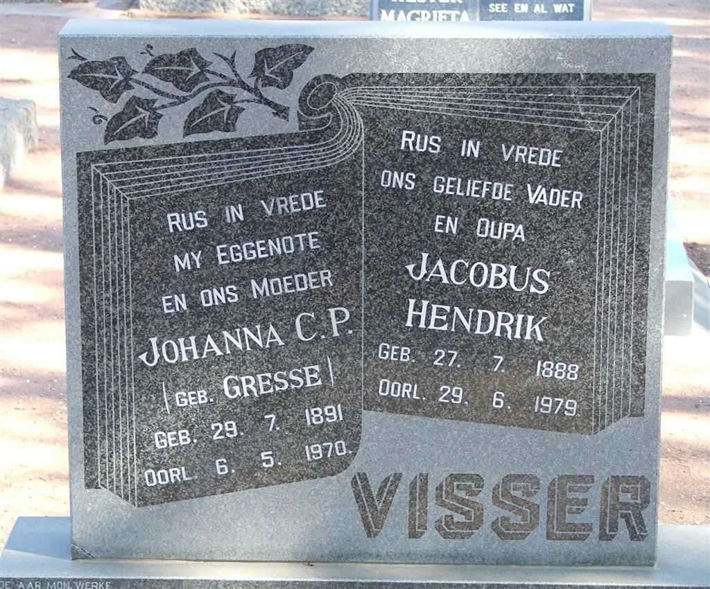 VISSER Jacobus Hendrik 1888-1979 &amp; Johanna C.P. GRESSE 1891-1970