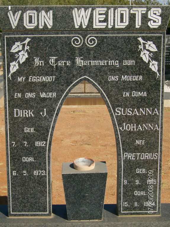 WEIDTS Dirk J., von 1912-1973 &amp; Susanna Johanna PRETORIUS 1915-1984