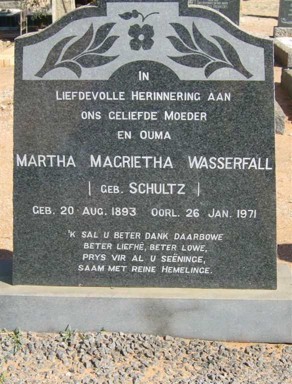WASSERFALL Martha Magrietha nee SCHULTZ 1893-1971