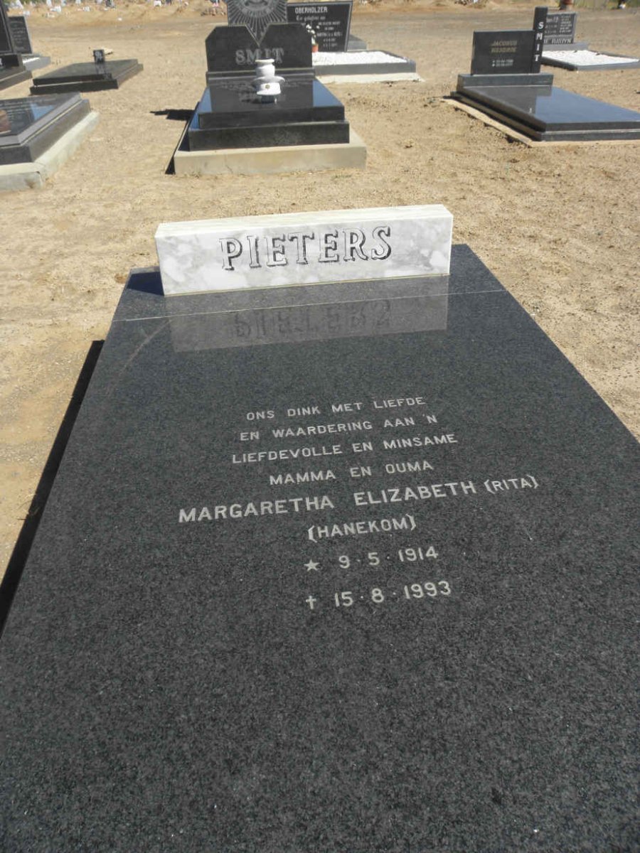 PIETERS Margaretha Elizabeth nee HANEKOM 1914-1993