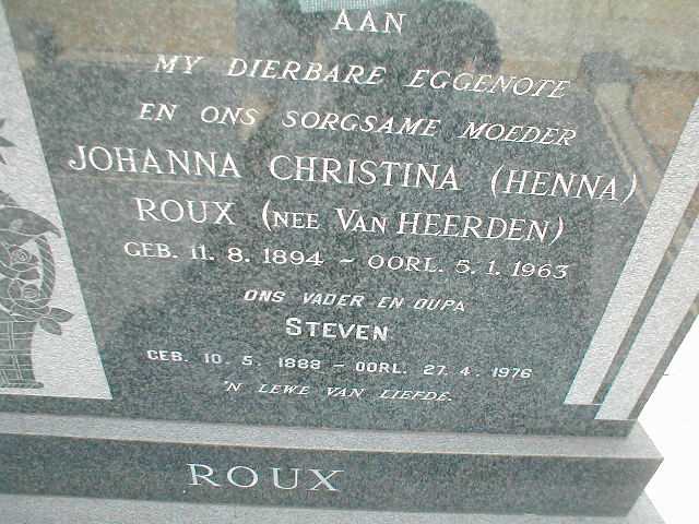 ROUX Steven 1888-1976 &amp; Johanna Christina VAN HEERDEN 1894-1963