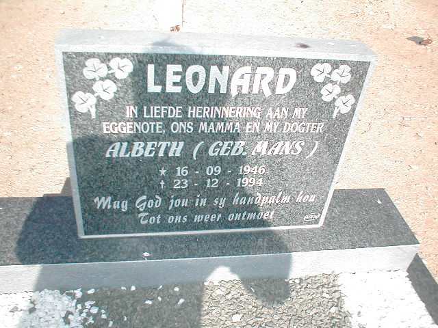 LEONARD Albeth nee MANS 1946-1994