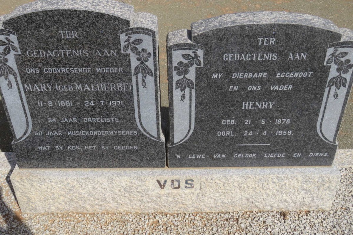 VOS Henry 1878-1959 &amp; Mary MALHERBE 1881-1971