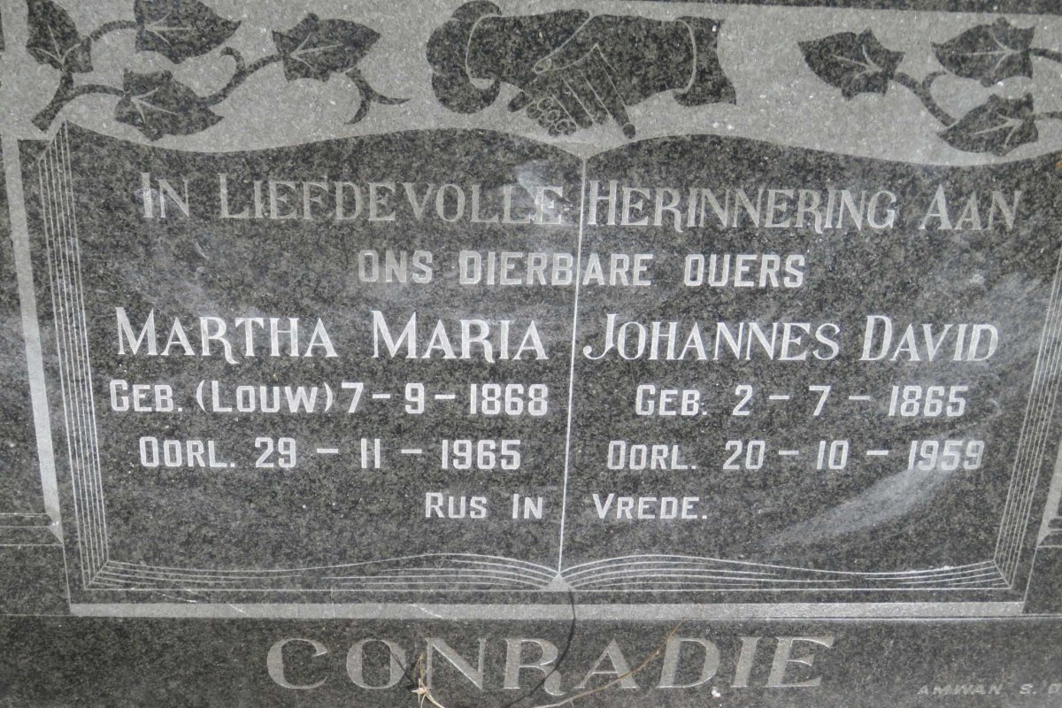 CONRADIE Johannes David 1865-1959 &amp; Martha Maria LOUW 1868-1965