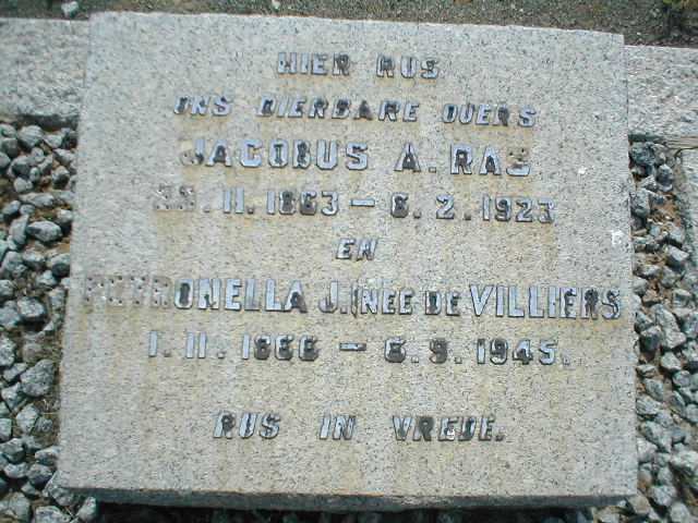 RAS Jacobus A. 1863-1923 &amp; Petronella J. DE VILLIERS 1866-1945