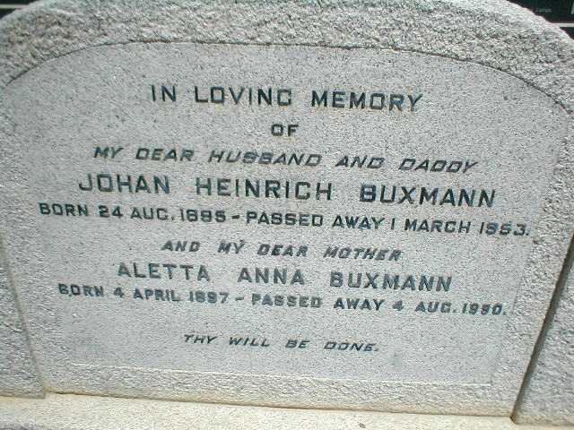 BUXMANN Johan Heinrich 1885-1953 &amp; Aletta Anna 1897-1950