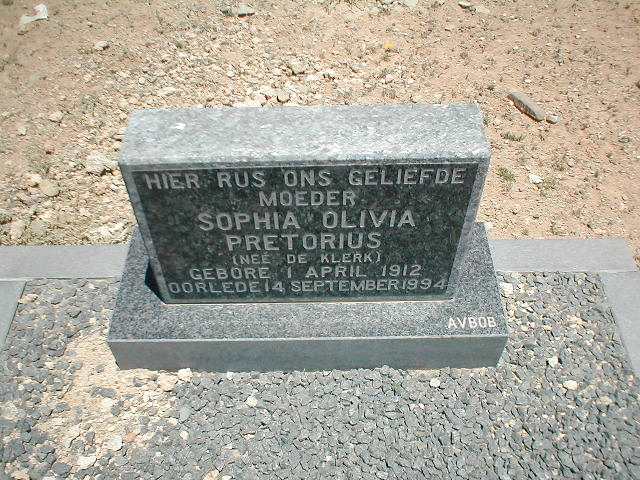 PRETORIUS Sophia Olivia nee DE KLERK 1912-1994