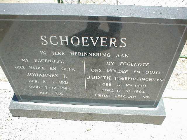 SCHOEVERS Johannes F. 1921-1984 &amp; Judith T. REDELINGHUYS 1920-1994