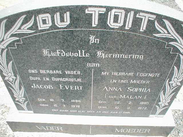 TOIT Jacob Evert, du 1886-1976 &amp; Anna Sophia MALAN 1895-1972