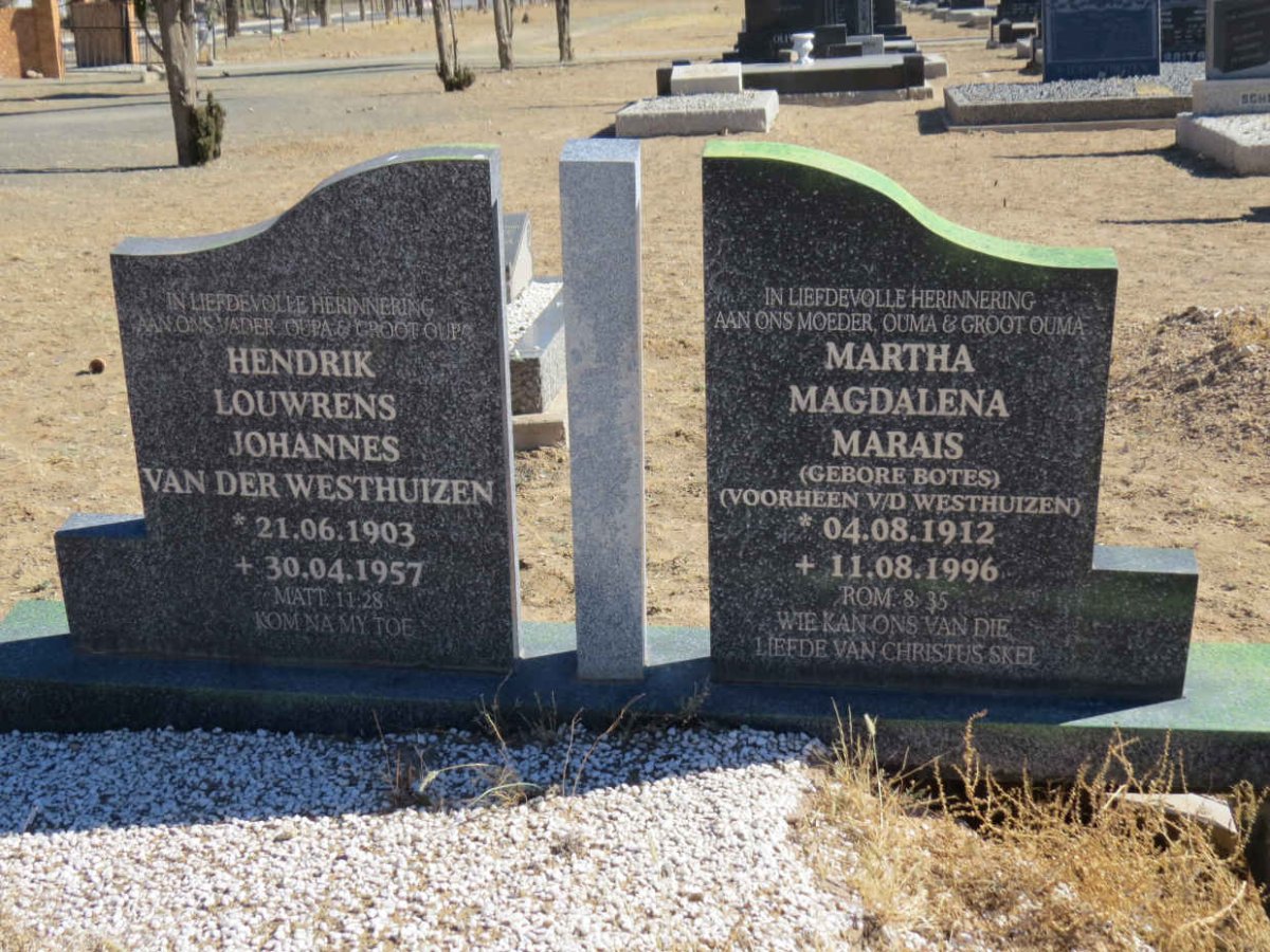 WESTHUIZEN Hendrik Louwrens Johannes, van der 1903-1957 &amp; Martha Magdalena MARAIS voorheen V.D.WESTHUIZEN nee BOTES 1912-199