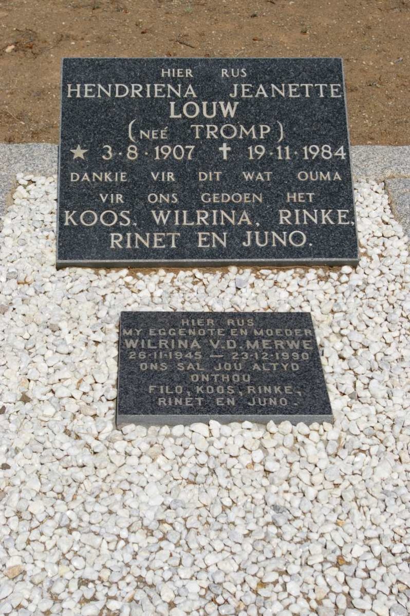 LOUW Hendriena Jeanette nee TROMP 1907-1984 :: V.D. MERWE Wilrina 1945-1990