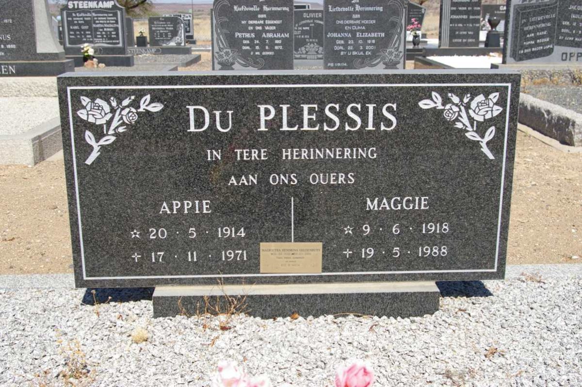 PLESSIS Appie, du 1914-1971 &amp; Maggie 1918-1988 :: GELDENHUYS Magrietha Hendrina 1940-2006