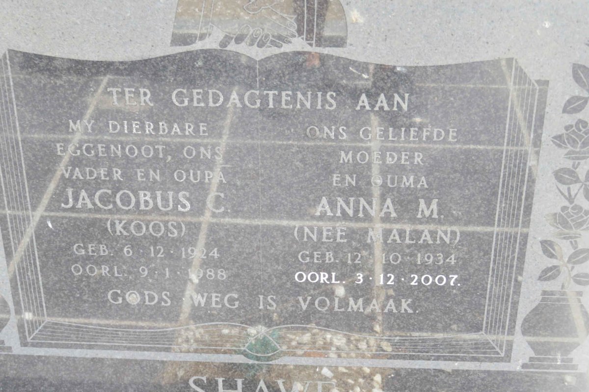 SHAWE Jacobus C. 1924-1988 &amp; Anna M. MALAN 1934-2007