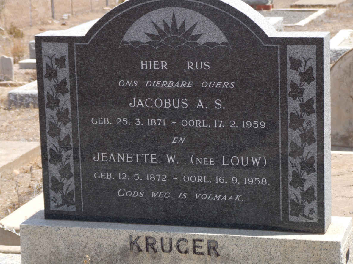 KRUGER Jacobus A.S. 1871-1959 &amp; Jeanette W. LOUW 1872-1958